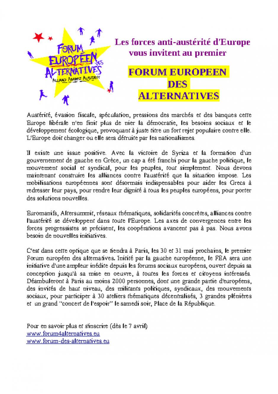 Forum européen des alternatives : 30 et 31 mai prochains à Paris